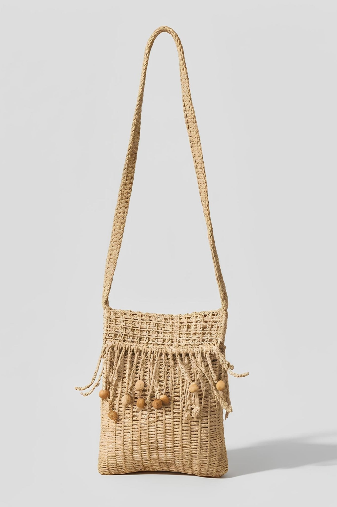 Hasır Boncuklu Ve Püsküllü Örme Ayarlanabilir Askılı Telefon Çantası