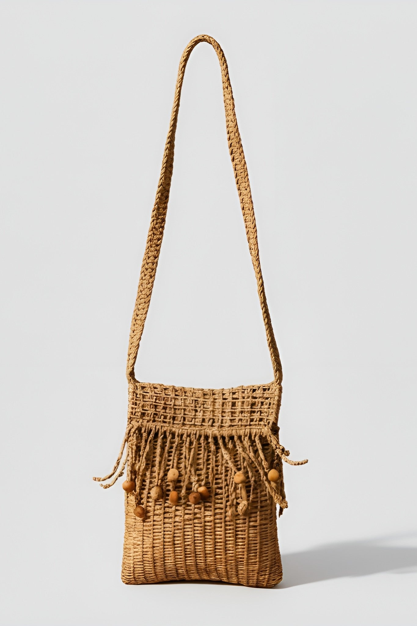 Hasır Boncuklu Ve Püsküllü Örme Ayarlanabilir Askılı Telefon Çantası