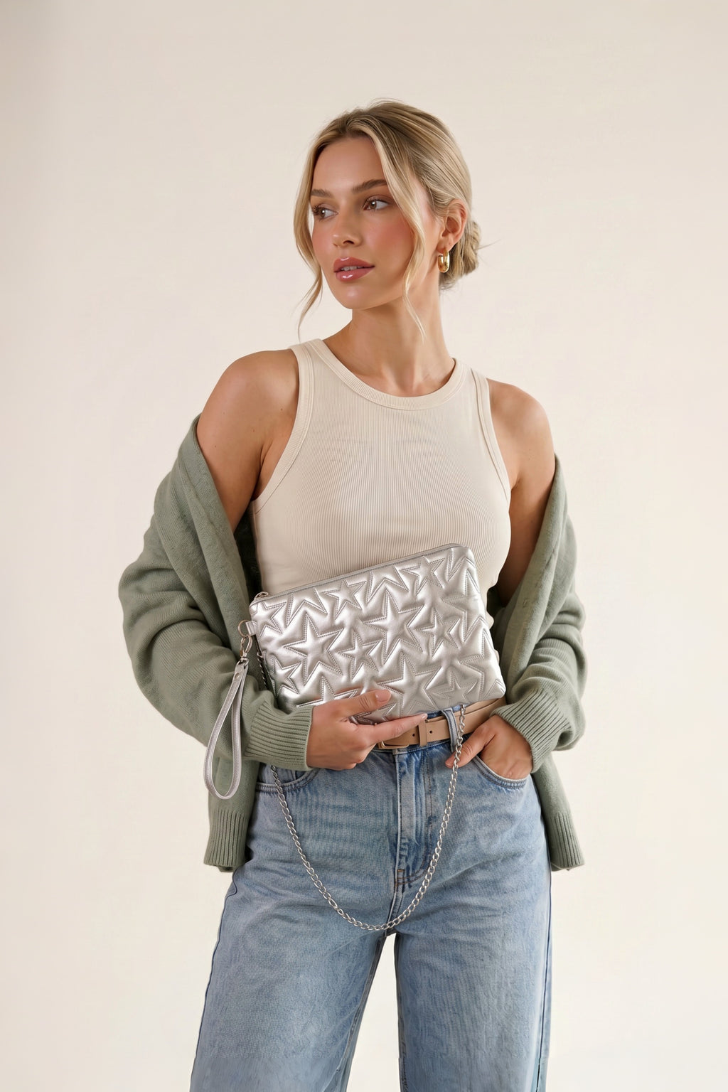 Yıldız Nakışlı Çapraz ve Clutch Çanta