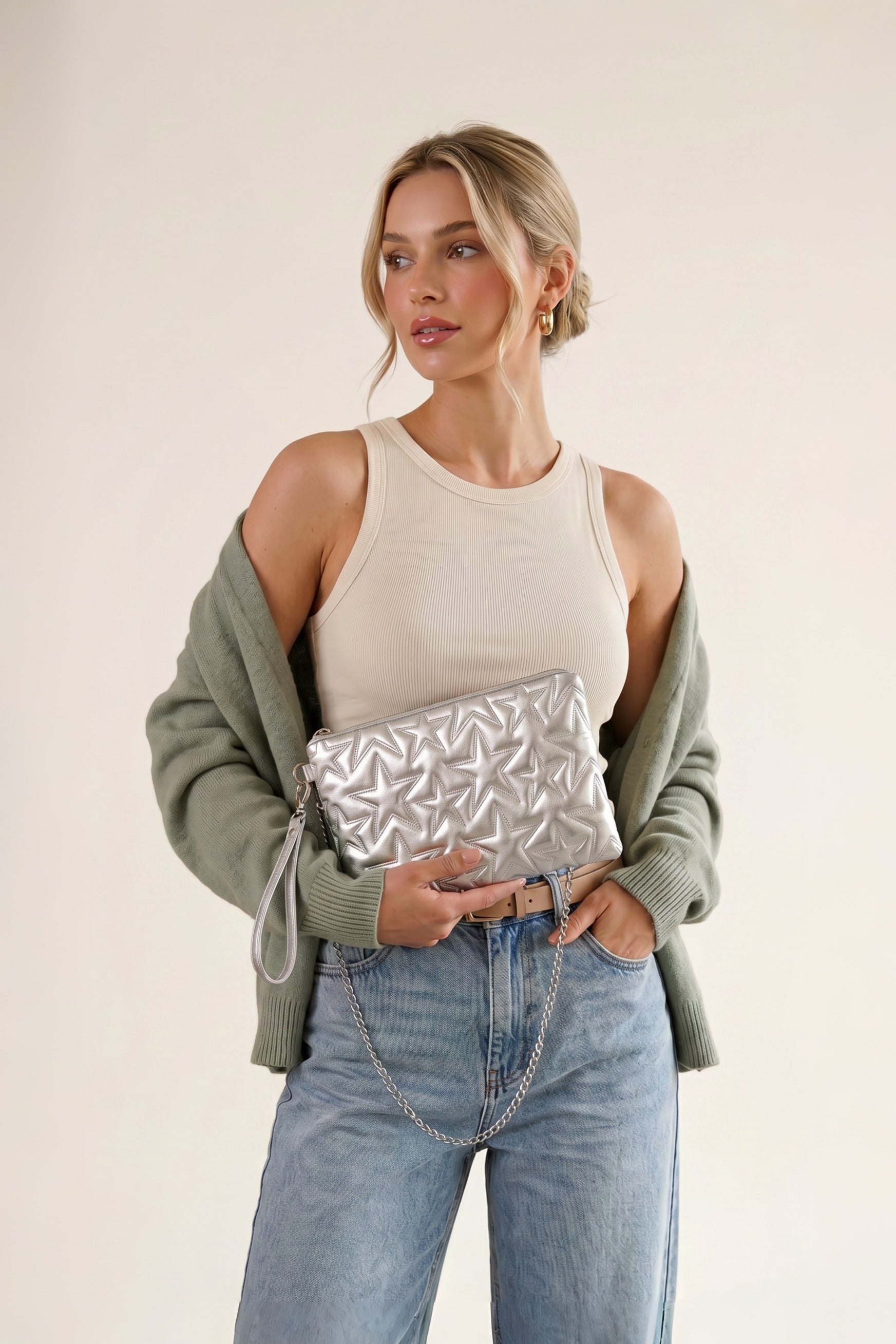 Yıldız Nakışlı Çapraz ve Clutch Çanta